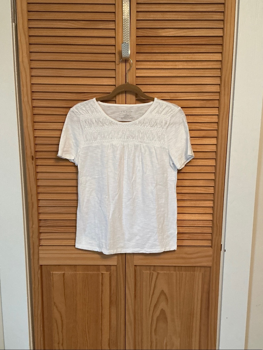 Talbots White Short-Sleeve Smocked Yoke Top